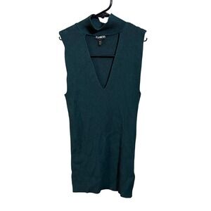 Express Ribbed Knit Top Women Small Green Mock Neck Cutout V-Neck Sleeveless